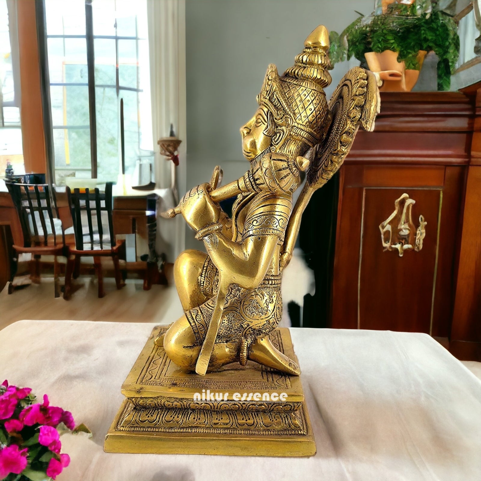 Solid Brass Hanuman Sitting Blessing with Gada Idol - 10 inches