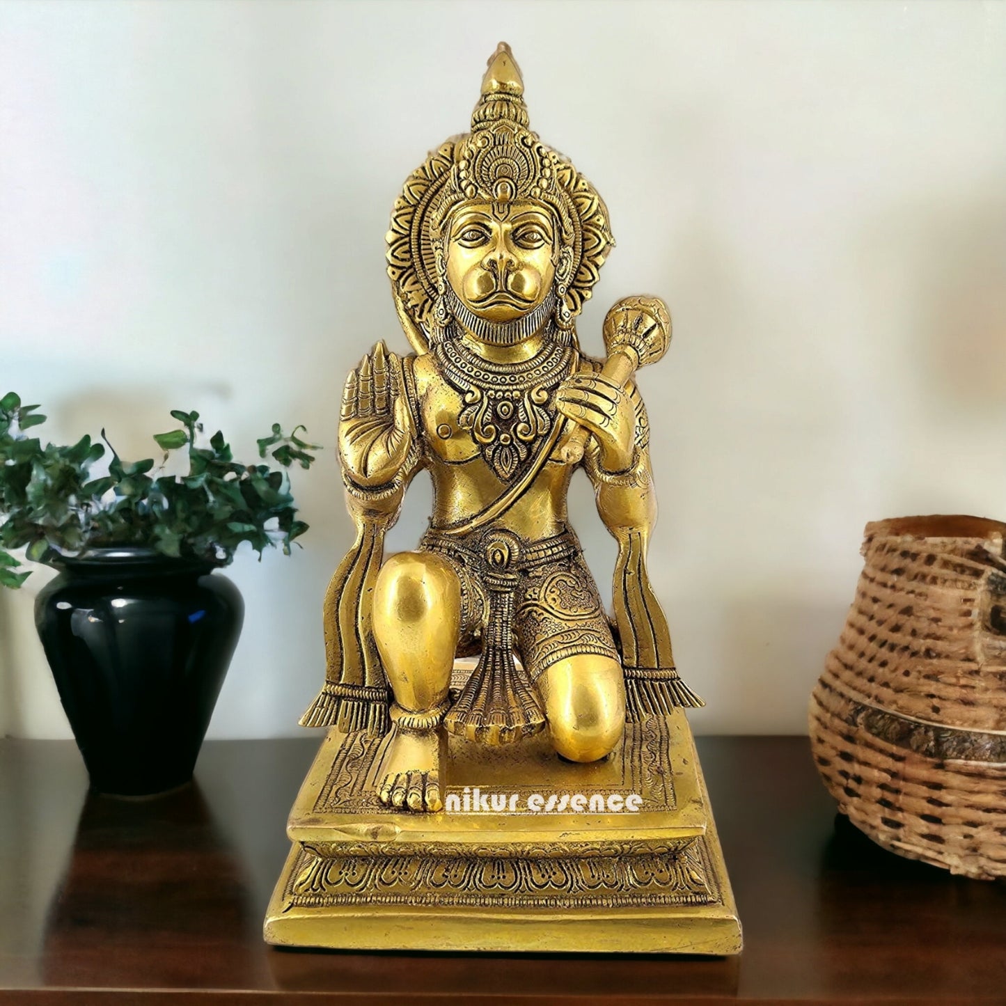 Solid Brass Hanuman Sitting Blessing with Gada Idol - 10 inches