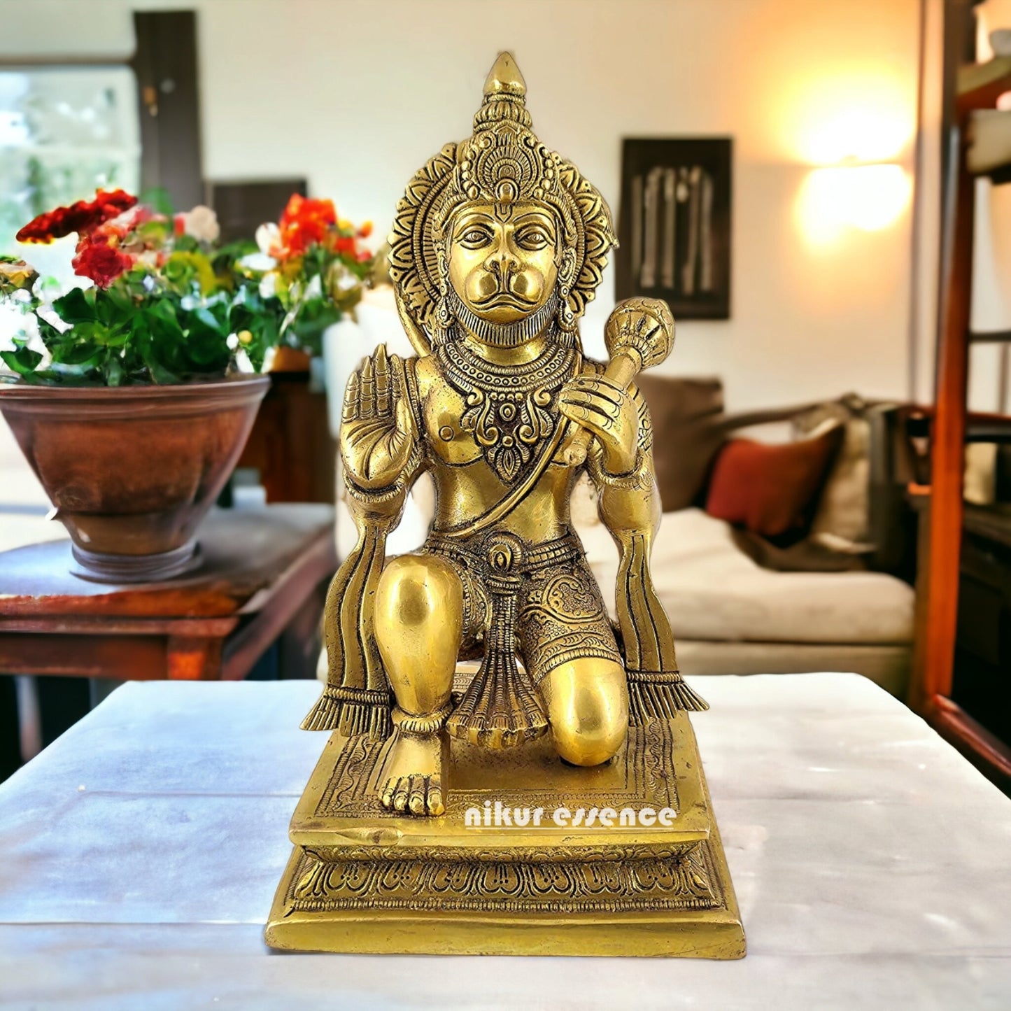 Solid Brass Hanuman Sitting Blessing with Gada Idol - 10 inches