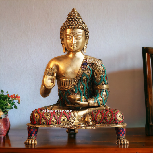 Buy Brass Buddha Blessing Idol with Stone Work - 20 inches