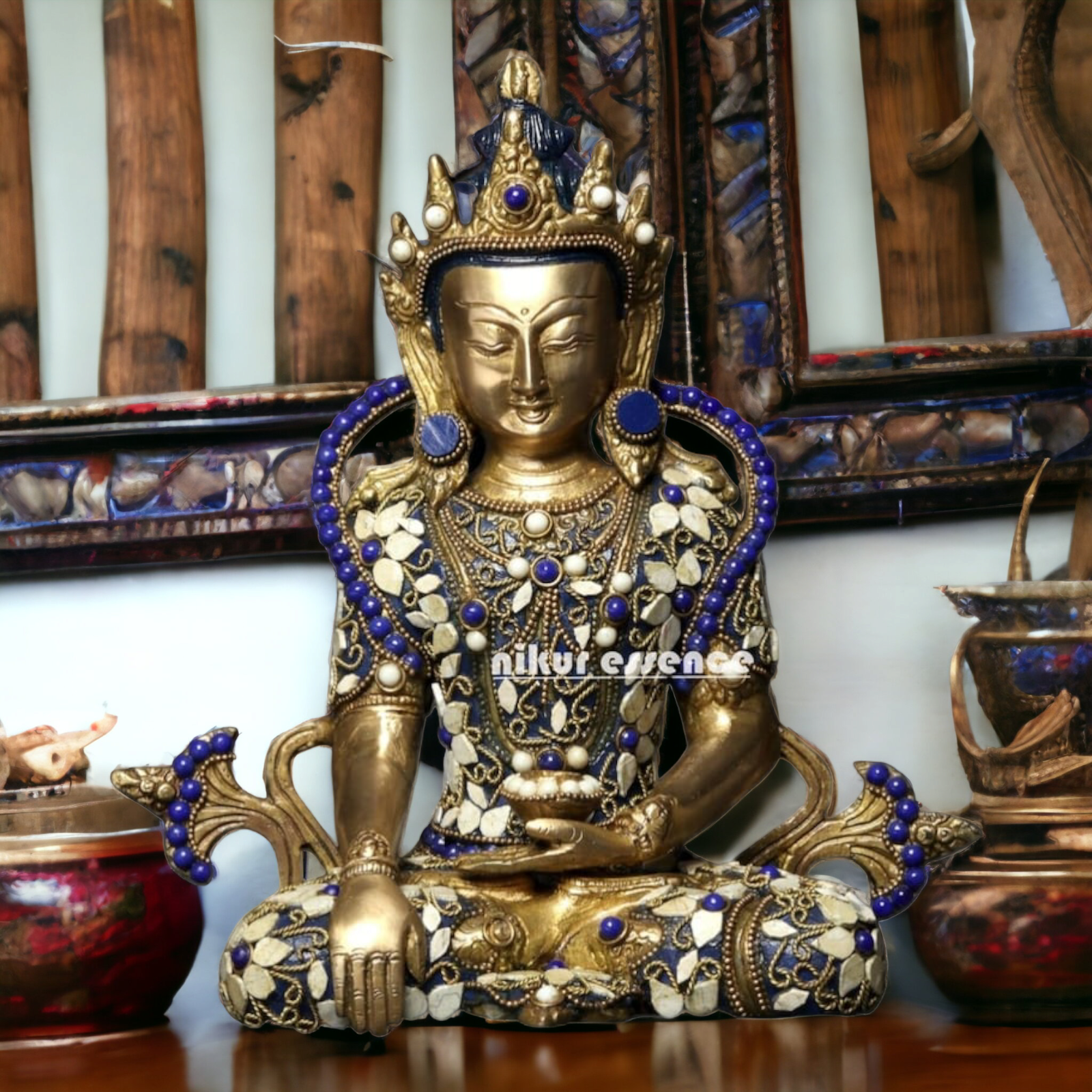 Online Brass Buddha Sitting Idol with Stone Work - 10.039 inches