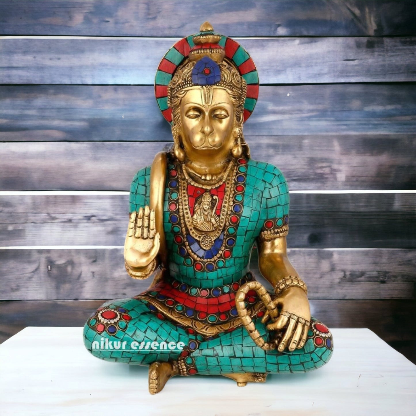 Brass Hanuman Sitting idol with Stone Work - 7.087 inches