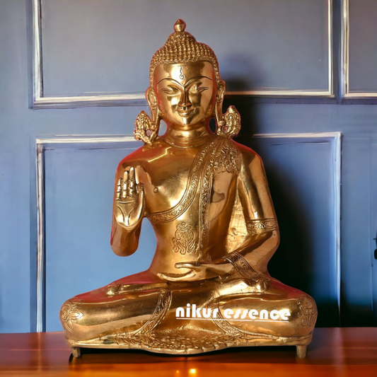 Solid Brass Buddha Sitting with Blessing Idol - 12.5 inches