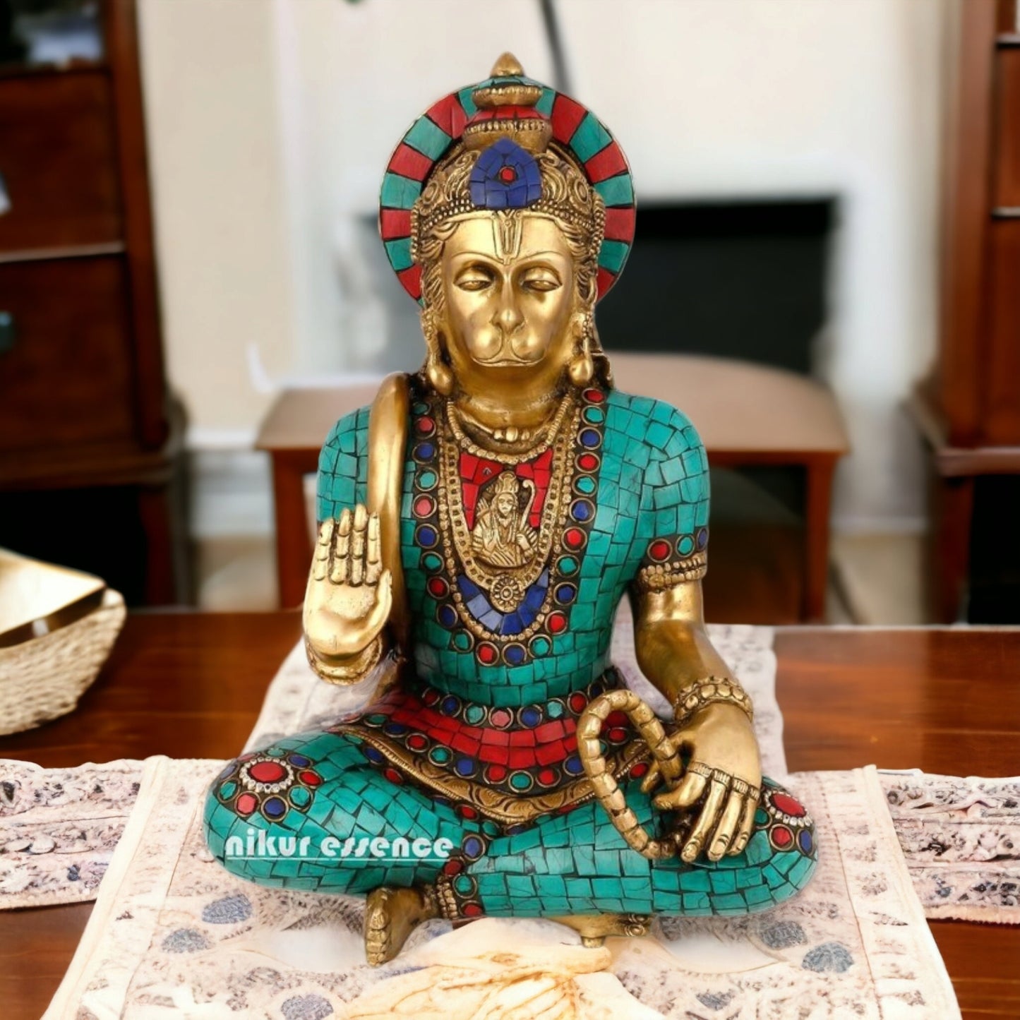 Brass Hanuman Sitting idol with Stone Work - 7.087 inches