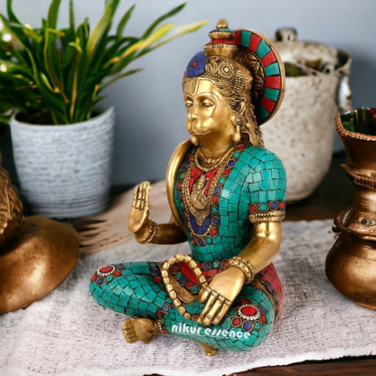 Brass Hanuman Sitting idol with Stone Work - 7.087 inches