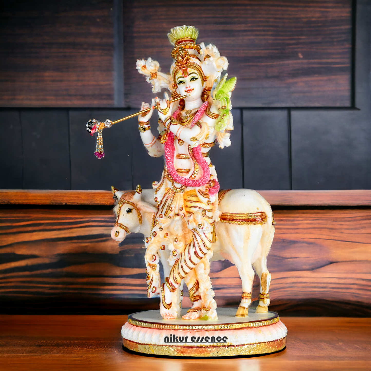 Buy Handcrafted White Cultured Marble Krishna Statue with Cow nikuressence