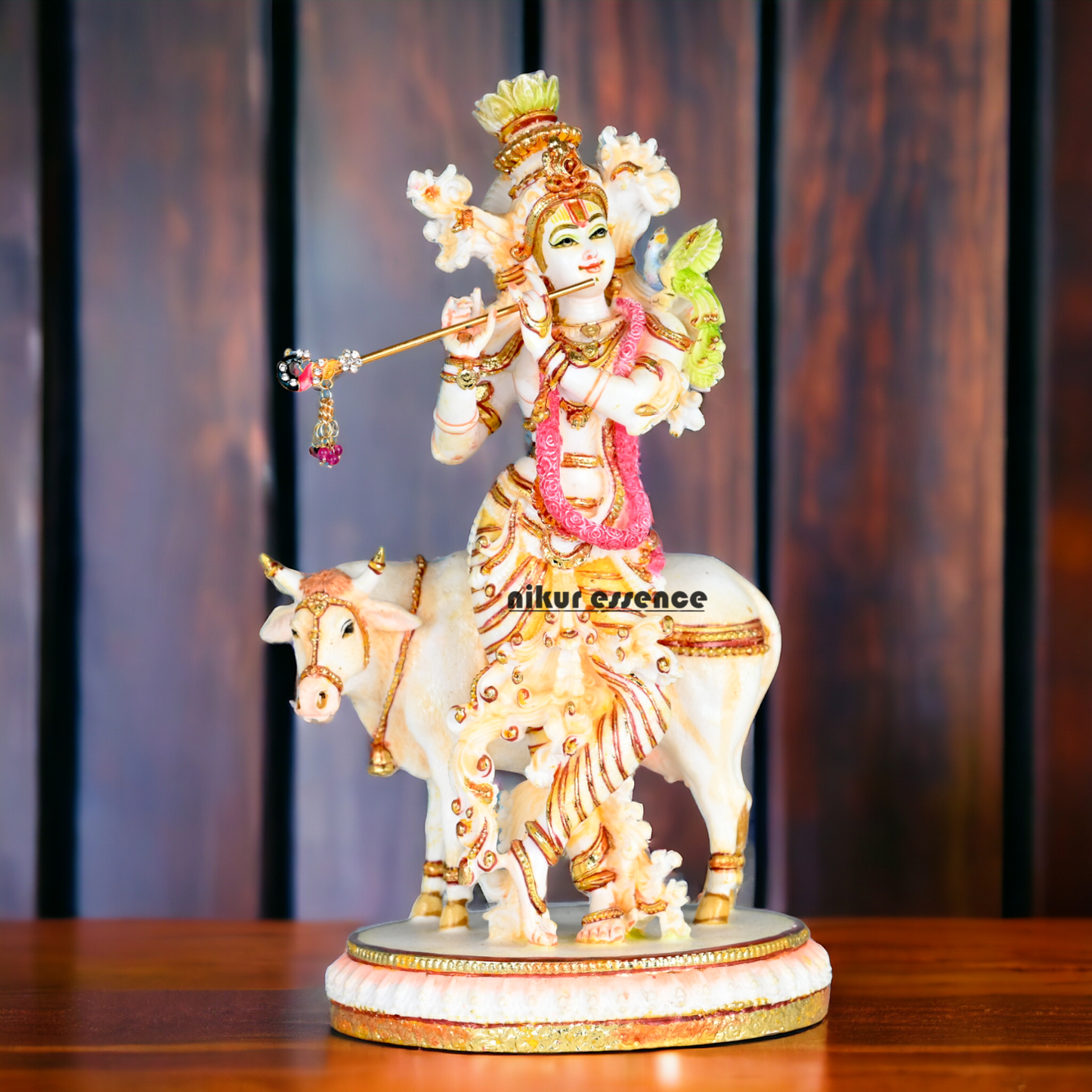 Buy Handcrafted White Cultured Marble Krishna Statue with Cow nikuressence