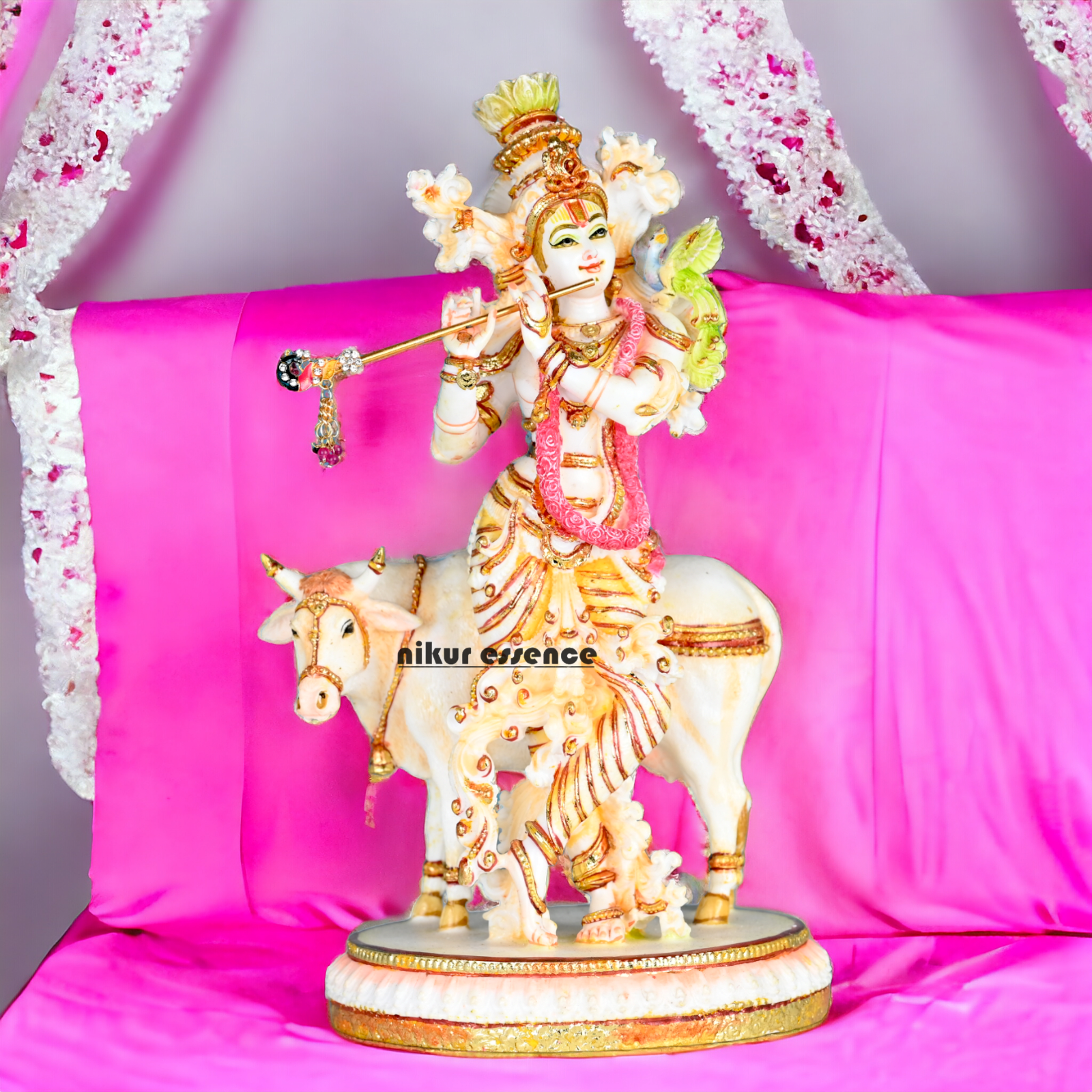 Buy Handcrafted White Cultured Marble Krishna Statue with Cow nikuressence