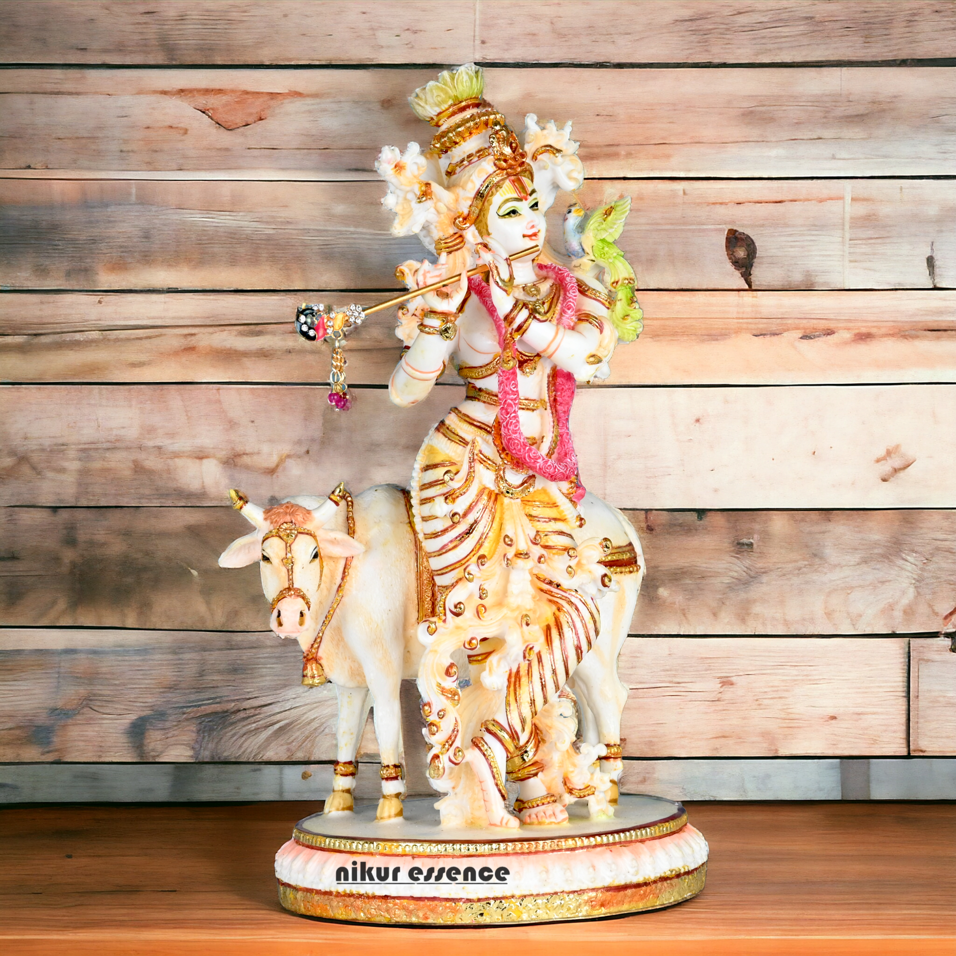 Buy Handcrafted White Cultured Marble Krishna Statue with Cow nikuressence