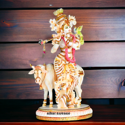 Buy Handcrafted White Cultured Marble Krishna Statue with Cow nikuressence