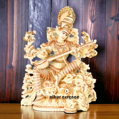 Cultured Marble Saraswati Mata Statue- Goddess of Knowledge Nikuressence Goddess Saraswati Statue Handcrafted Marble Saraswati Mata Statue for Arts and Culture Handcrafted Marble Statue marble saraswati Marble Saraswati Mata Statue marble saraswati murti marble statue of saraswati maa Nikur Essence Handcrafted Marble Goddess Saraswati Statue Nikur Essence Statue White Marble Statue