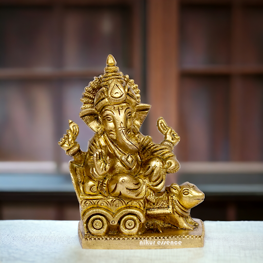 Solid Brass Ganesha riding on rat ganpati statue - 3.75 inches