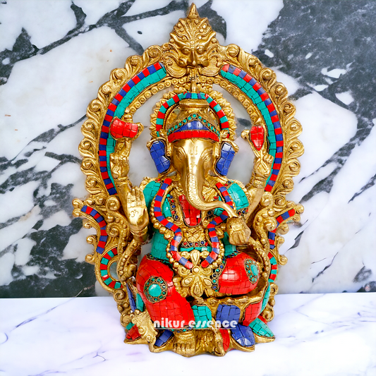 Big Ganesha Sitting on Lotus Brass with Stone Work idol - 15 inches