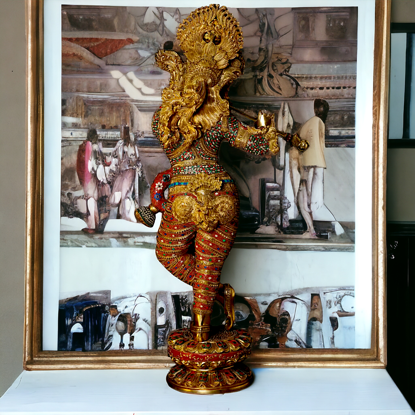 Large Krishna Standing Playing with Flute Brass with Stone Work - 45 inches