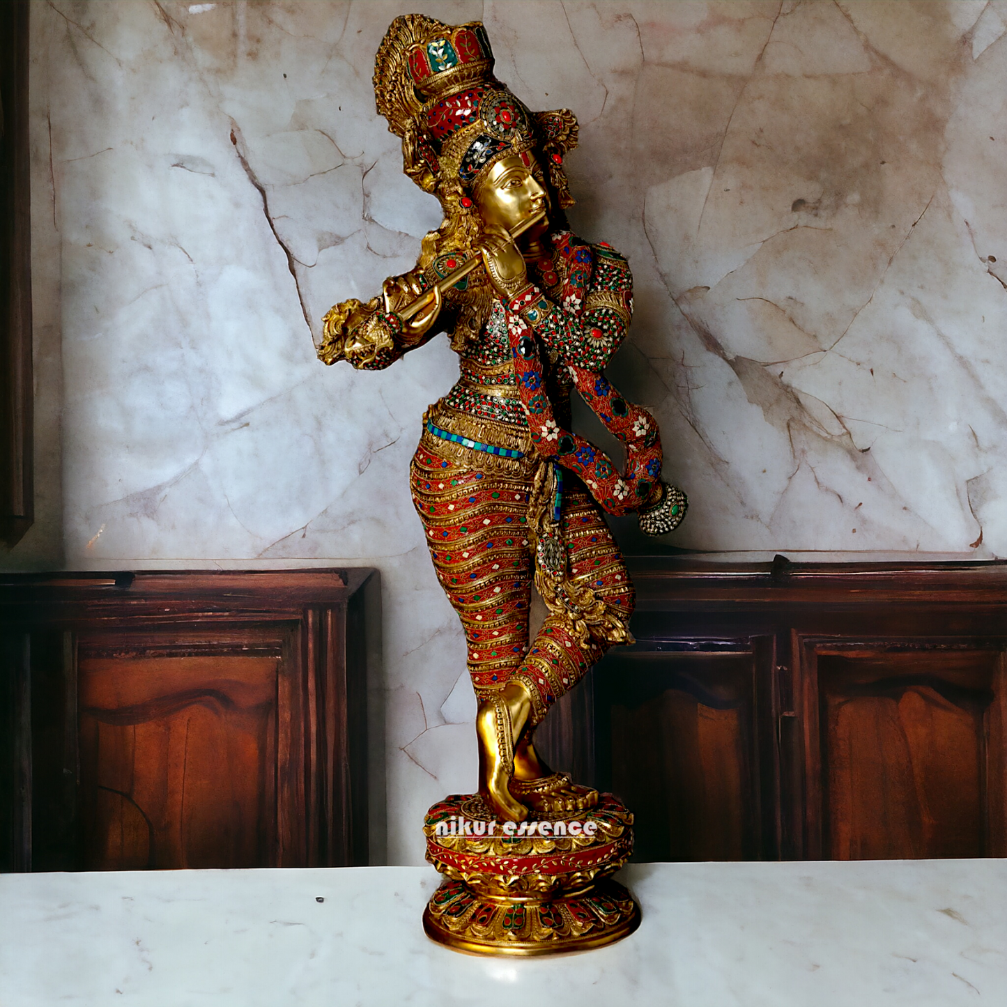 Large Krishna Standing Playing with Flute Brass with Stone Work - 45 inches