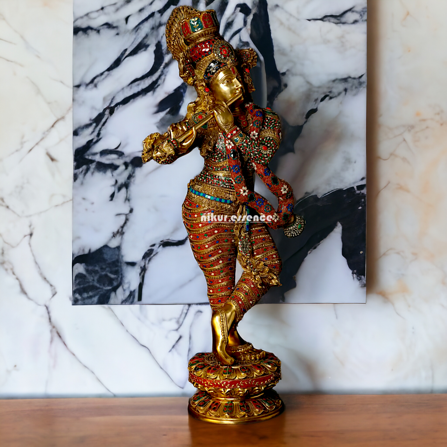 Large Krishna Standing Playing with Flute Brass with Stone Work - 45 inches