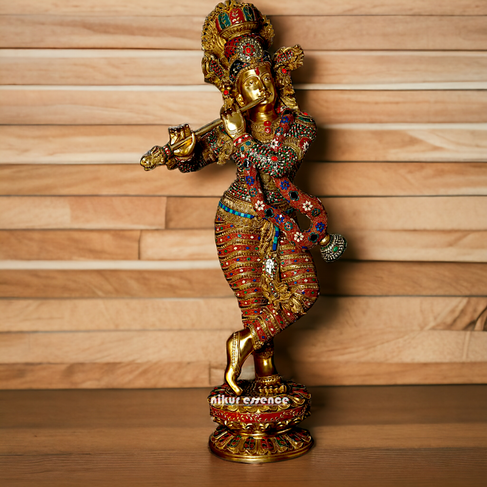 Large Krishna Standing Playing with Flute Brass with Stone Work - 45 inches