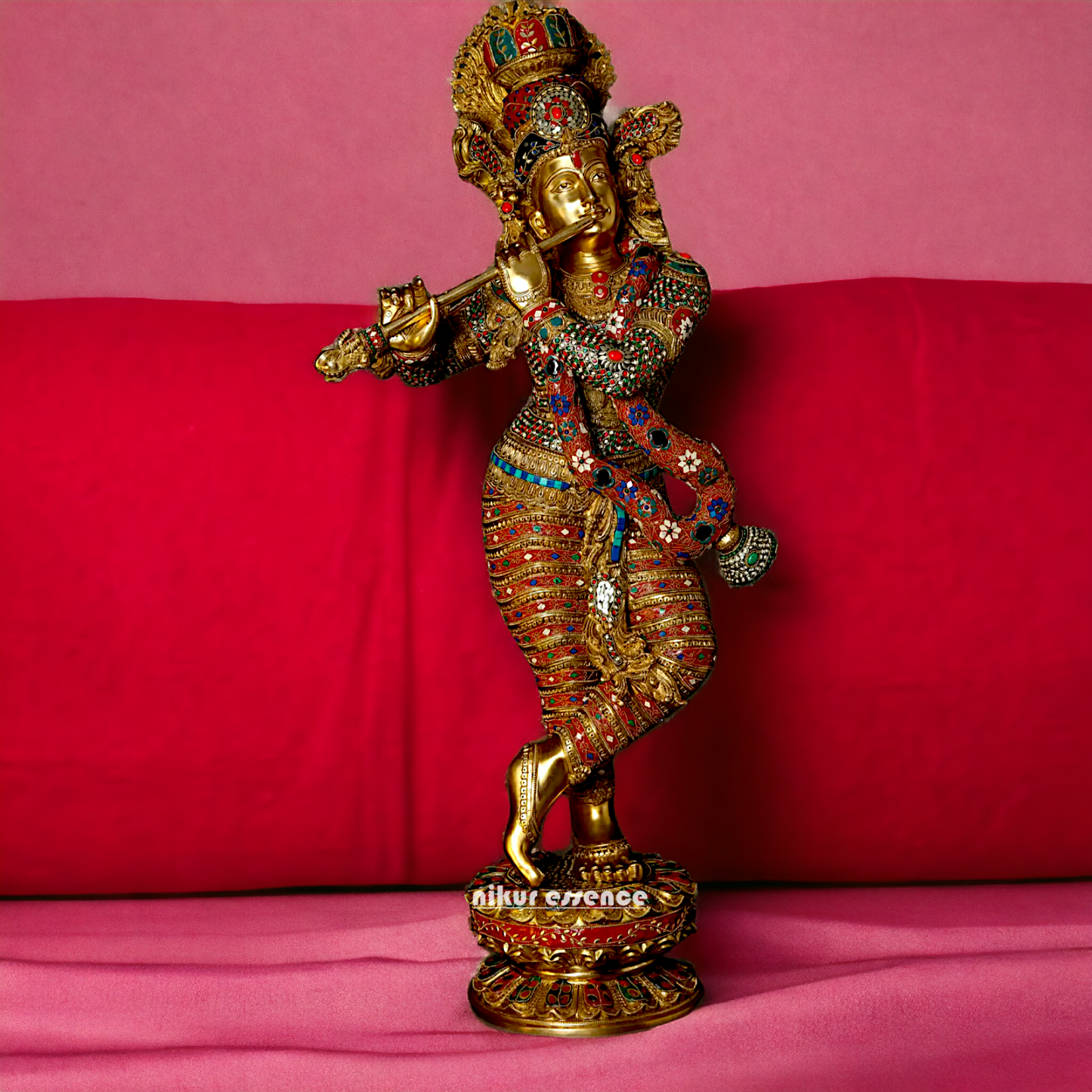 Large Krishna Standing Playing with Flute Brass with Stone Work - 45 inches