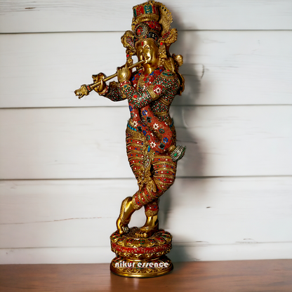 Large Krishna Standing Playing with Flute Brass with Stone Work - 45 inches