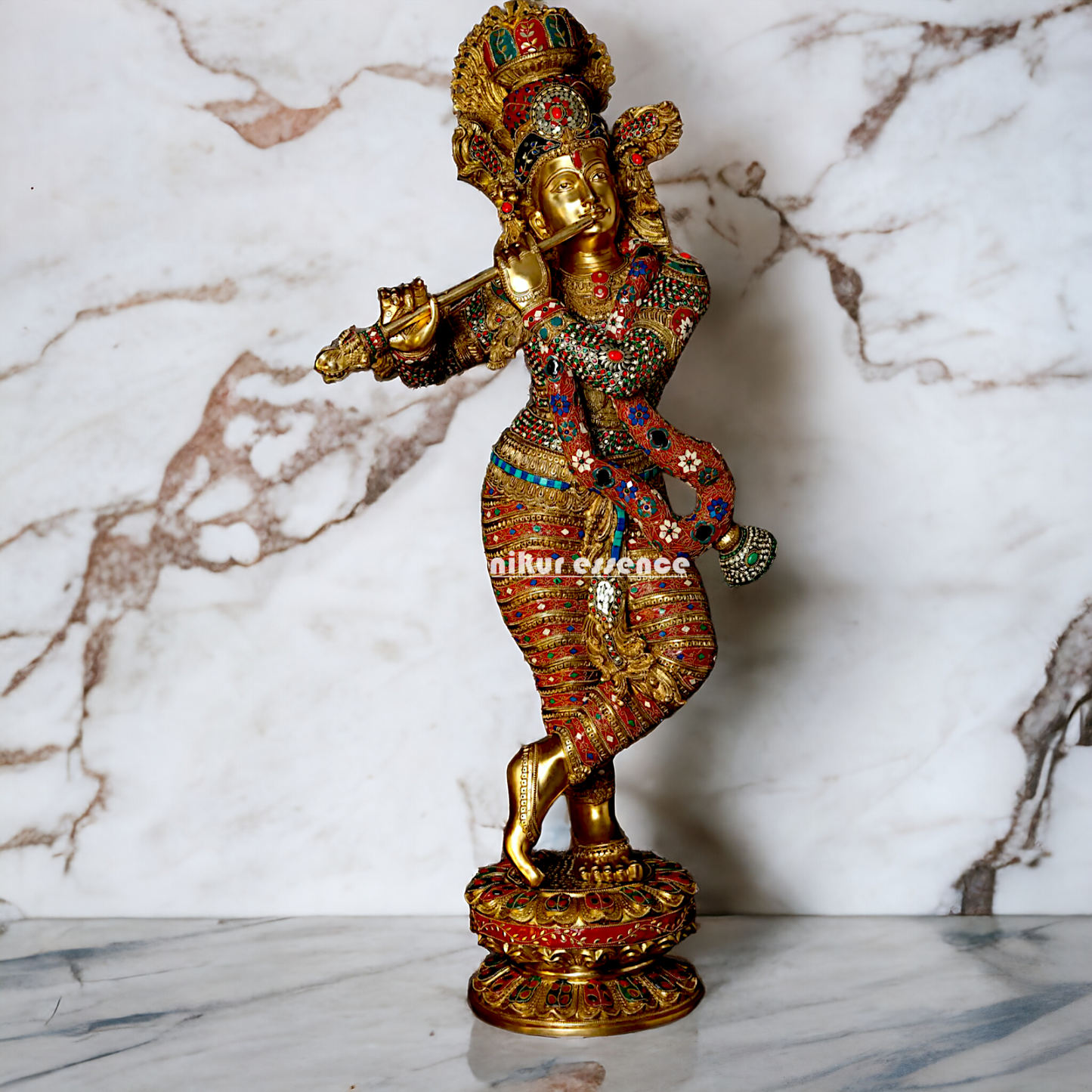 Large Krishna Standing Playing with Flute Brass with Stone Work - 45 inches