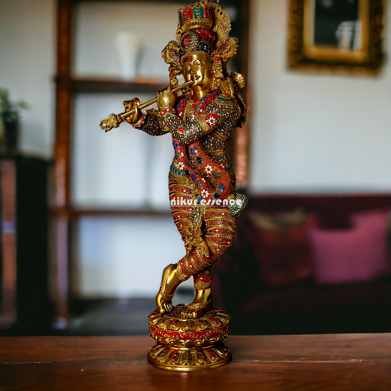 Large Krishna Standing Playing with Flute Brass with Stone Work - 45 inches