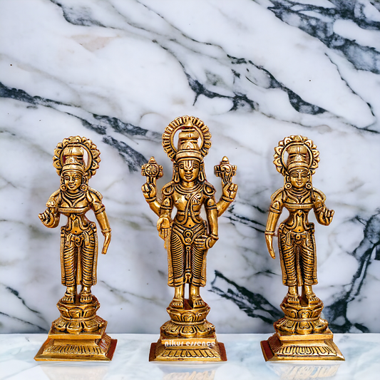 Lord Tirupati Balaji with wife Bhudevi and Sridevi Solid Brass idol - 8 inches