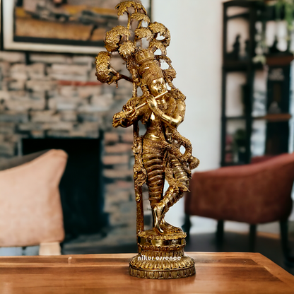 Big Krishna with Tree Playing Flute solid brass idol - 57 inches