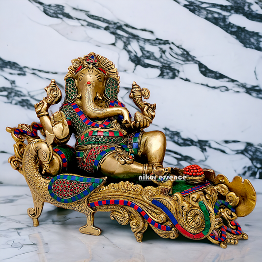 Large Vinayaka Resting on Peacock bed Brass Ganesh with Stone work - 15.5 inches Nikuressence