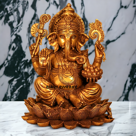 Buy Ganesha Sitting on Lotus Solid Brass statue - 12 inches