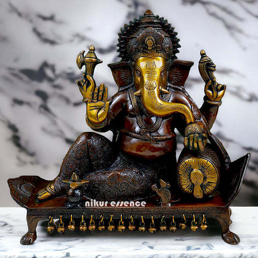 Big Ganesha Seated on chowki Brass idol - 17.5 inches