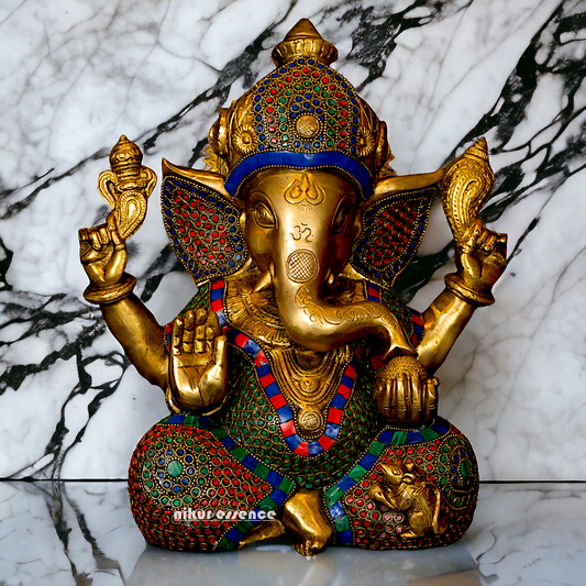 Big Vinayaka Sitting Brass with Stone work idol - 12 inches