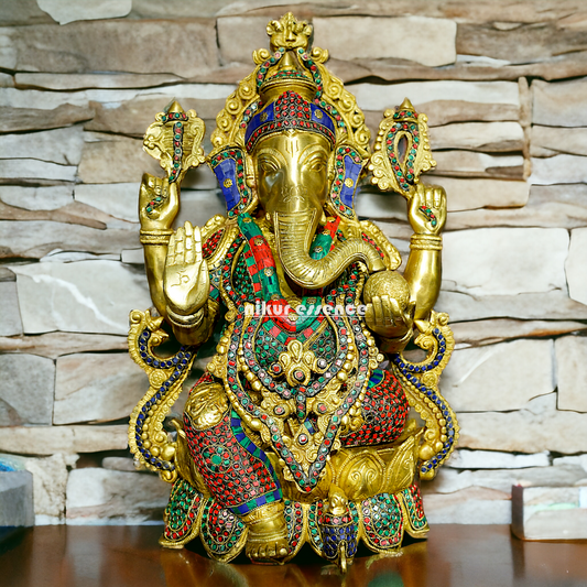 Shop Ganesha with Blessing Brass Stone work idol - 21 inches