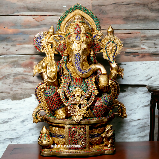 Brass Ganpati Ganesha Seating with Stone work Idol - 23 inches