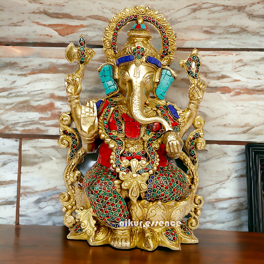 Buy Ganesha seated on Lotus Brass with Stone Work idol - 12 inches