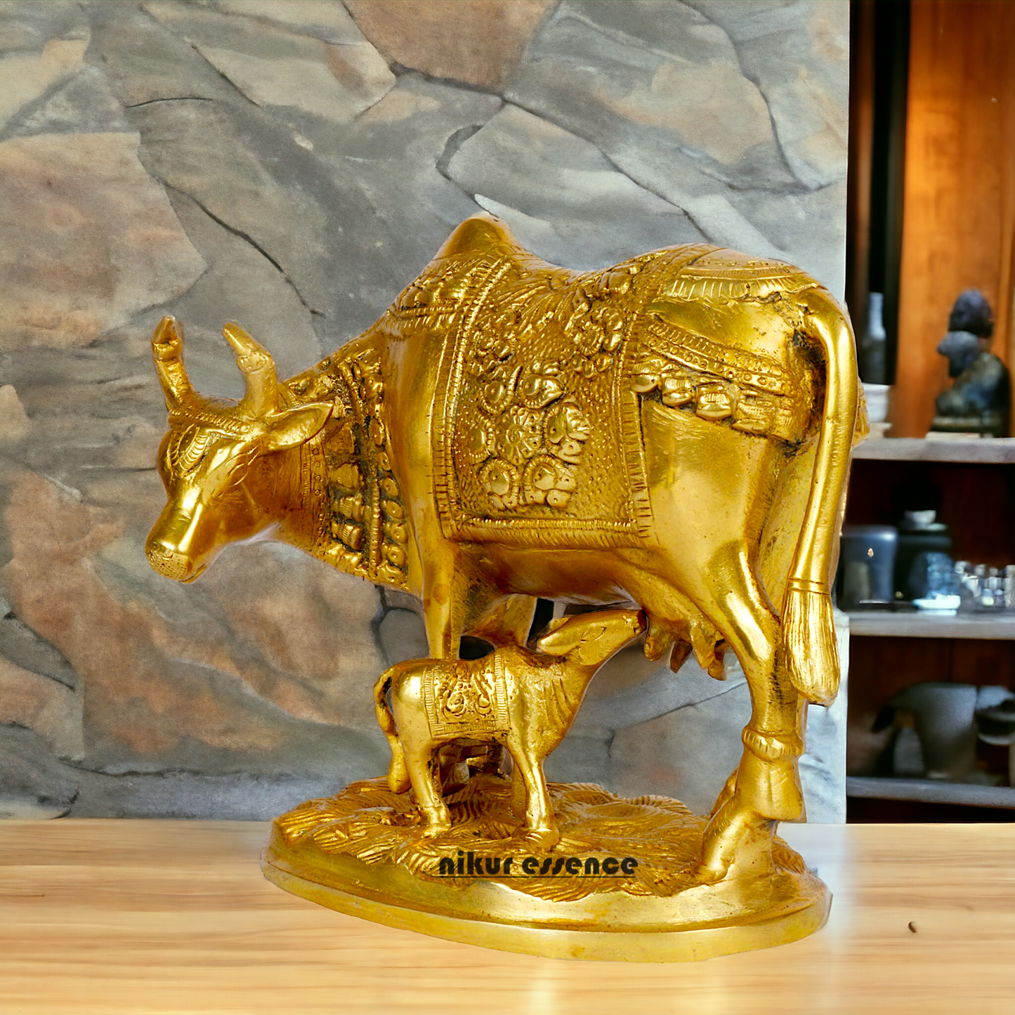 Pure Brass kamadhenu Cow with Calf Idol - 8 inches