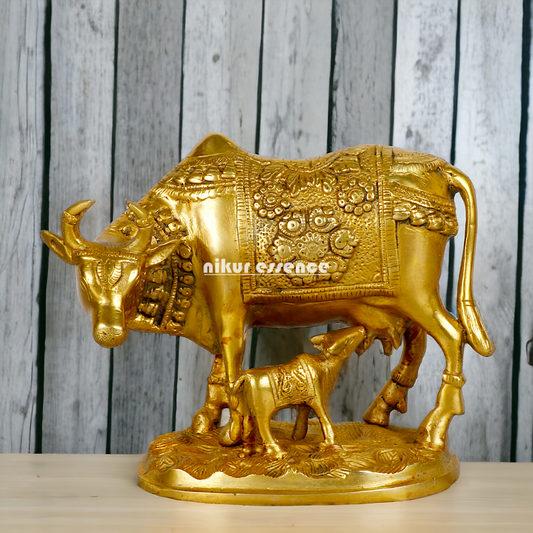 Pure Brass kamadhenu Cow with Calf Idol - 8 inches