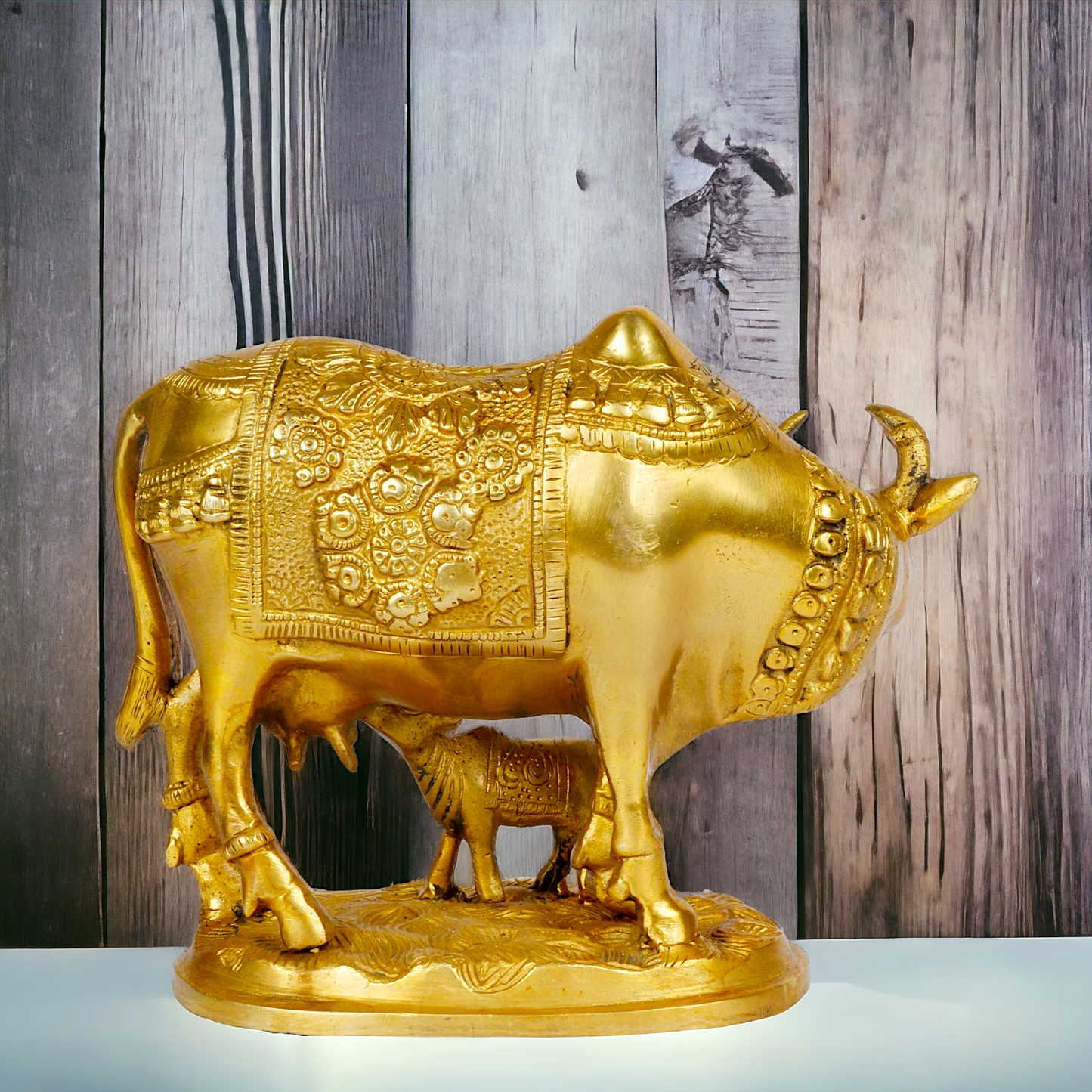 Pure Brass kamadhenu Cow with Calf Idol - 8 inches