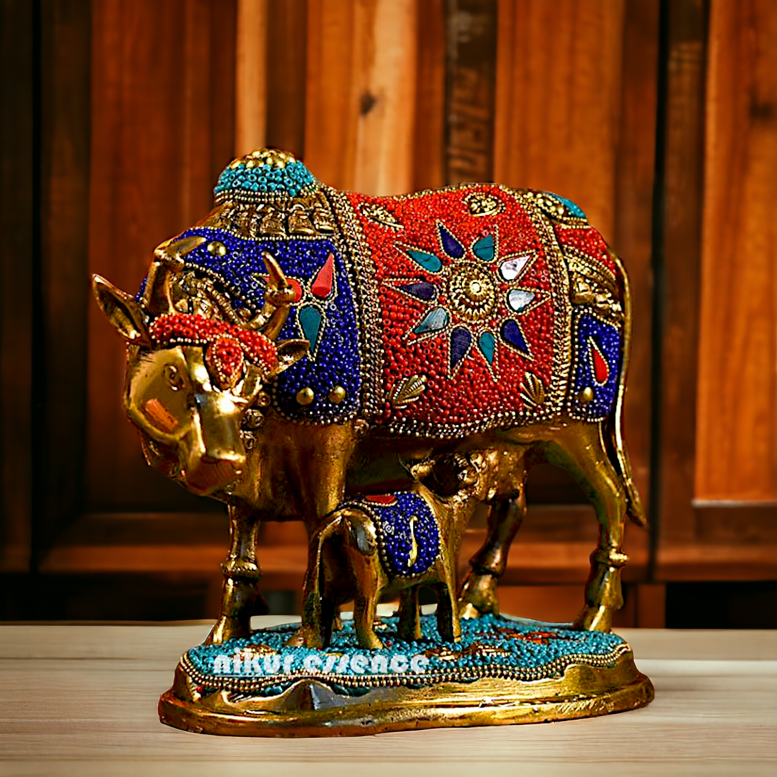 Buy Kamadhenu cow with calf Brass Stone work idol - 6 inches