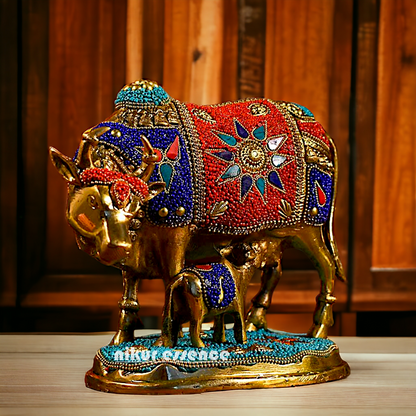 Buy Kamadhenu cow with calf Brass Stone work idol - 6 inches