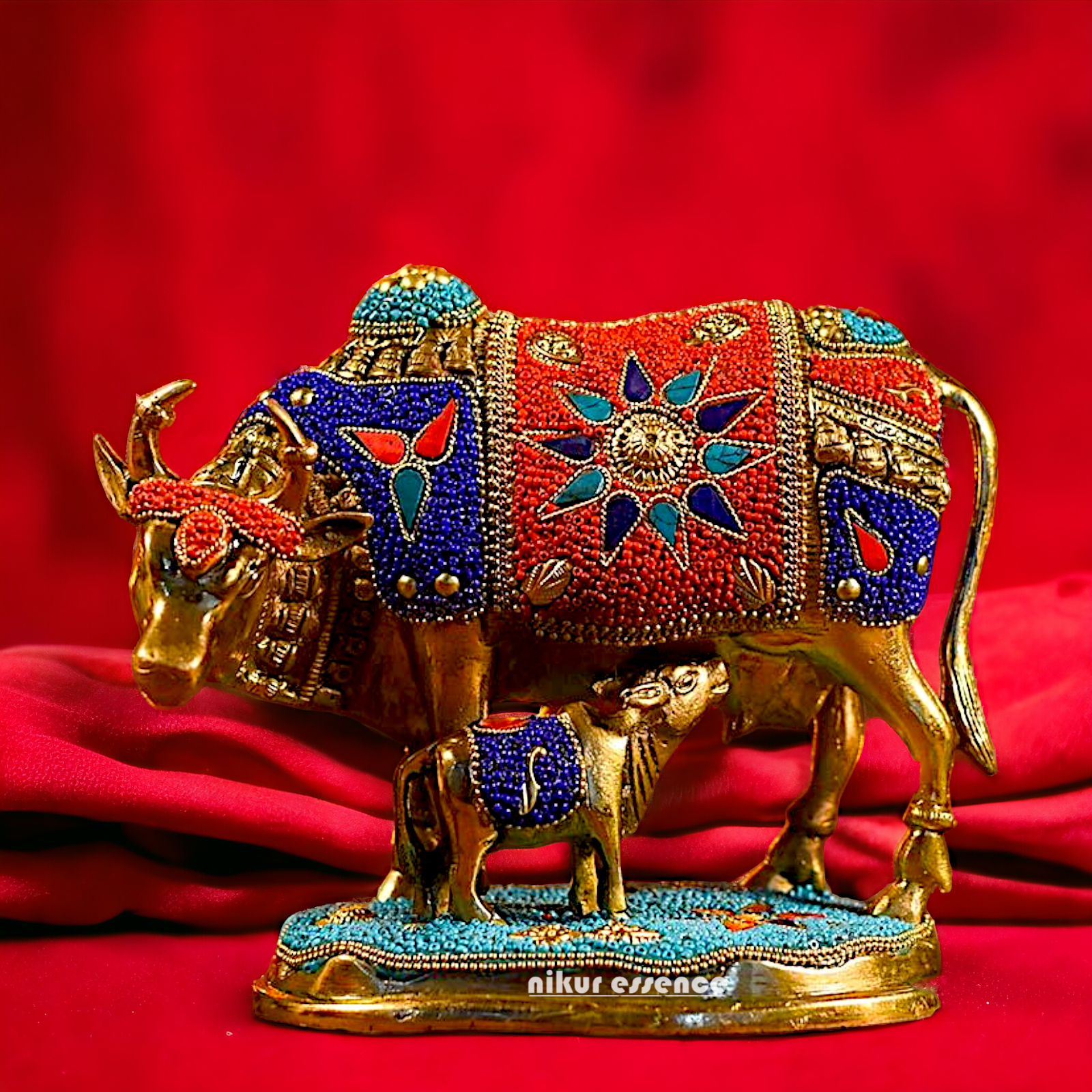 Buy Kamadhenu cow with calf Brass Stone work idol - 6 inches