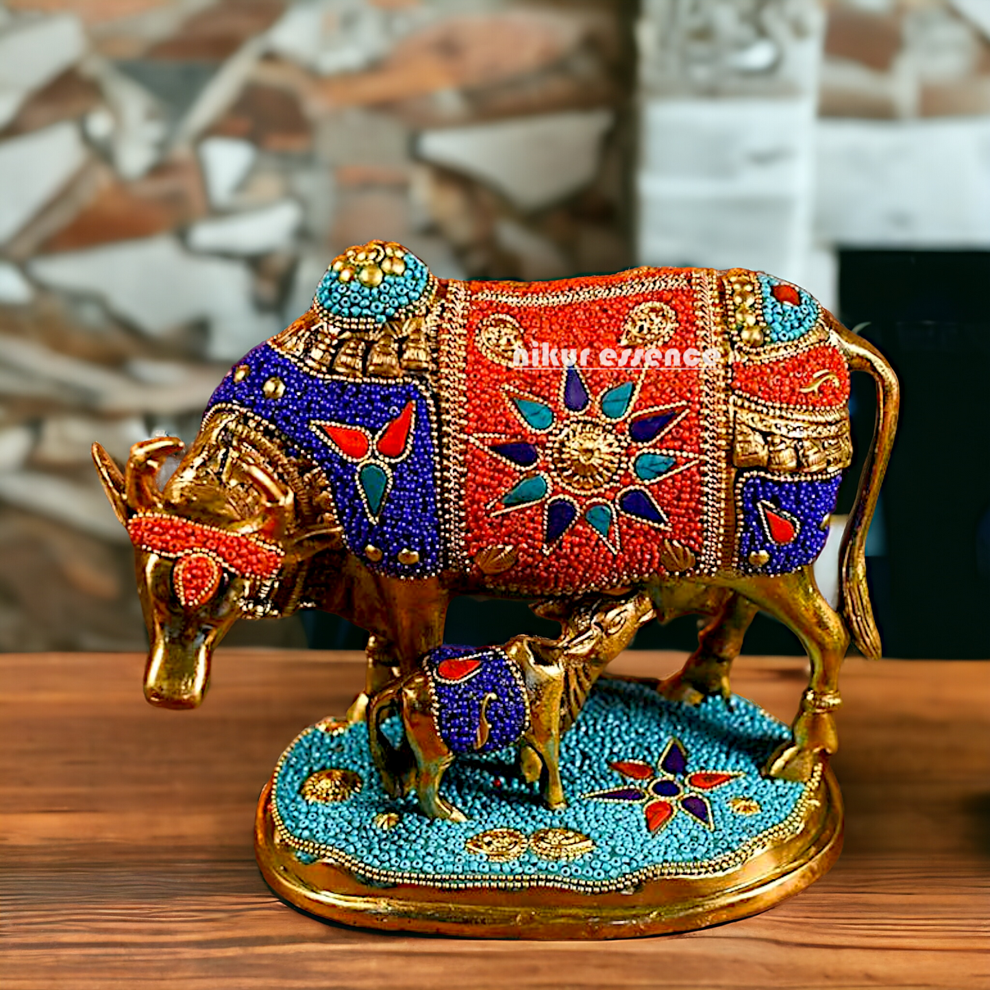 Buy Kamadhenu cow with calf Brass Stone work idol - 6 inches