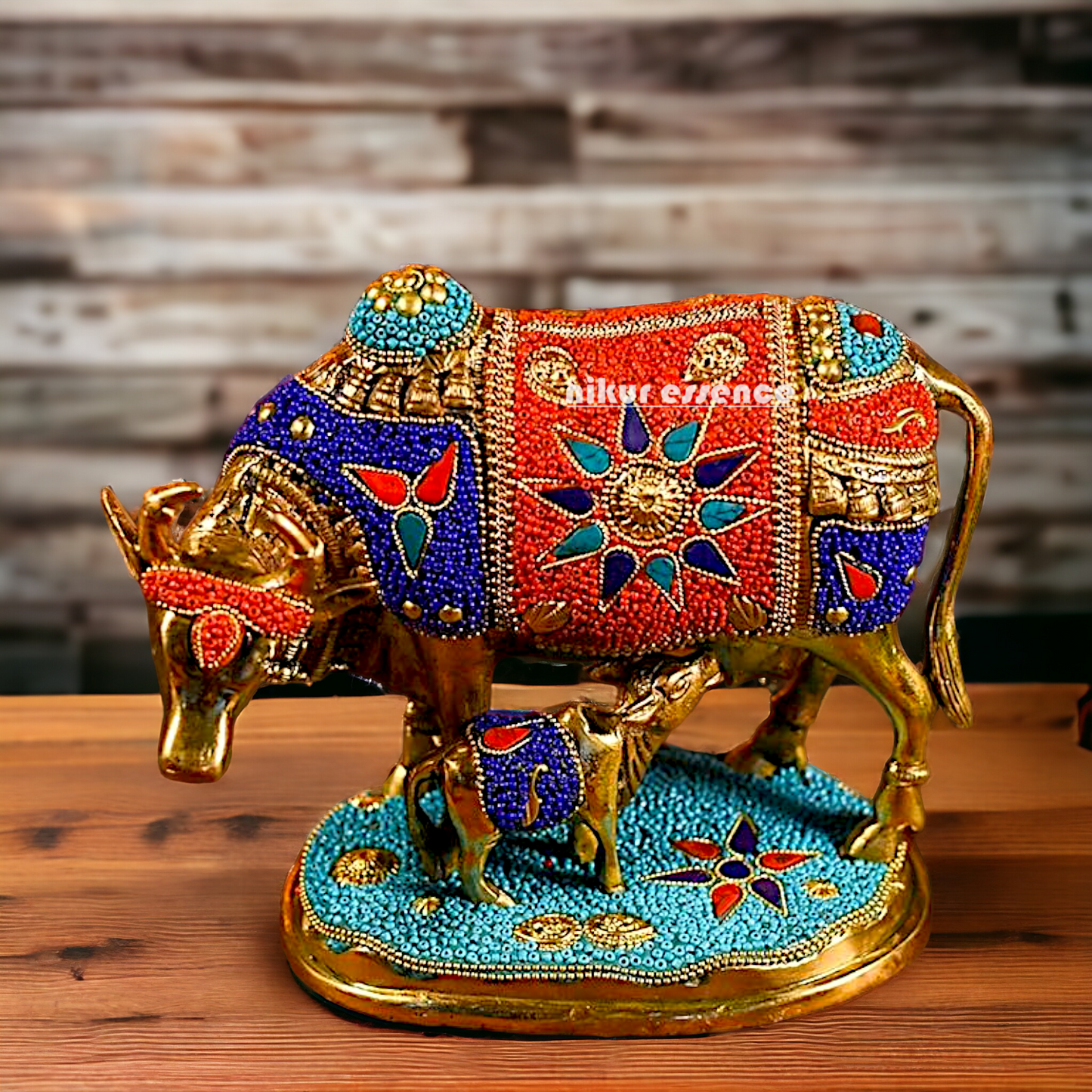 Buy Kamadhenu cow with calf Brass Stone work idol - 6 inches