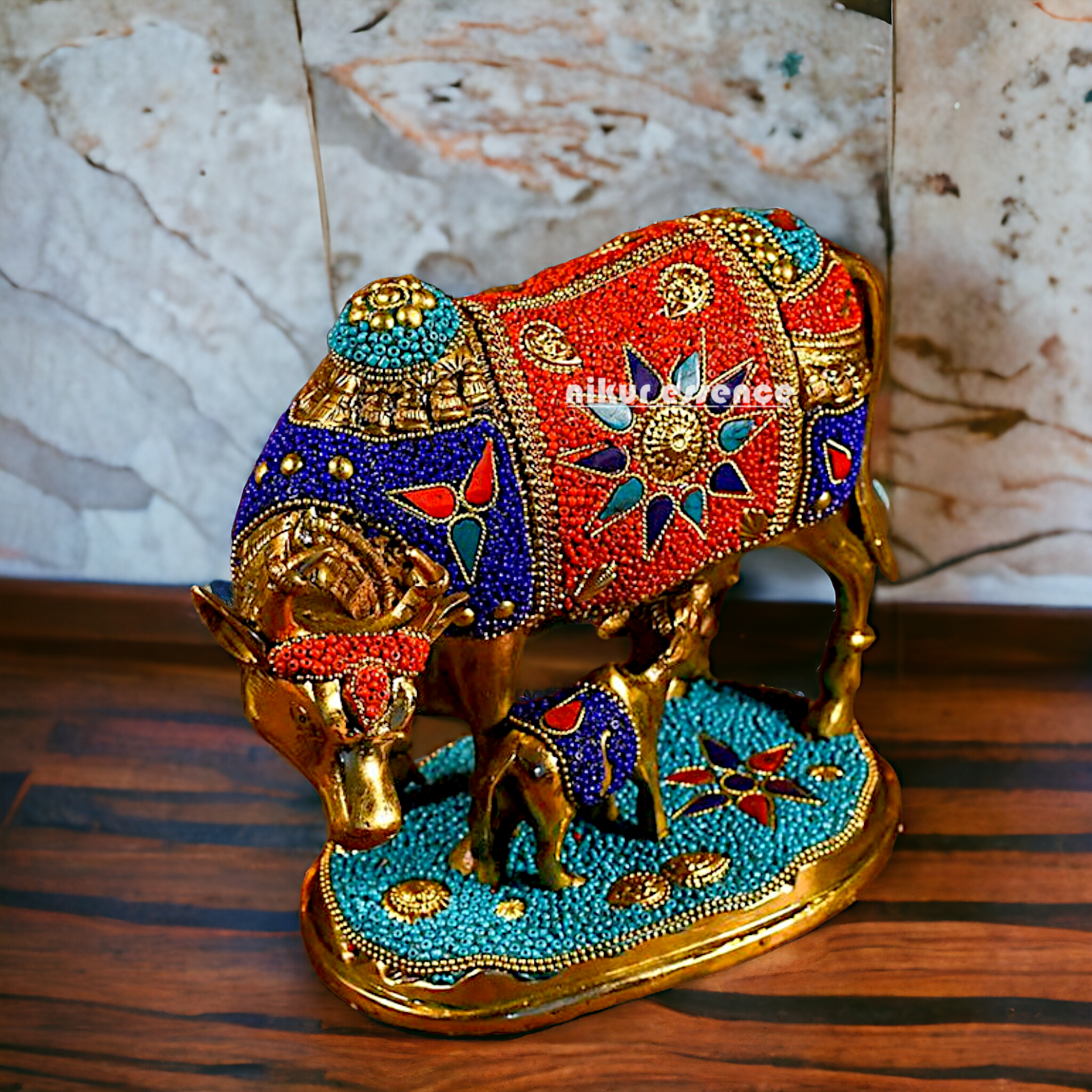 Buy Kamadhenu cow with calf Brass Stone work idol - 6 inches