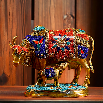 Buy Kamadhenu cow with calf Brass Stone work idol - 6 inches