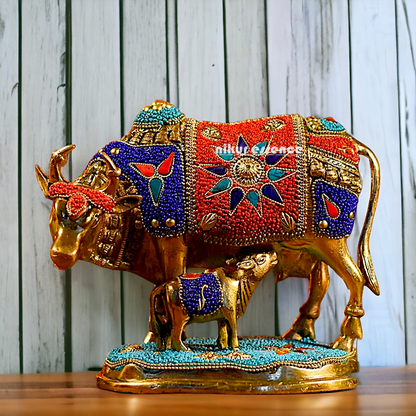 Buy Kamadhenu cow with calf Brass Stone work idol - 6 inches