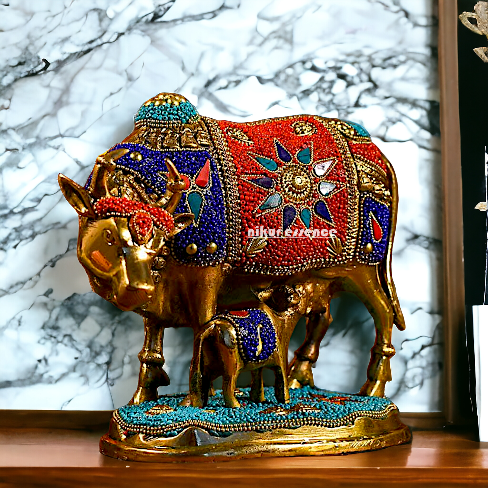 Buy Kamadhenu cow with calf Brass Stone work idol - 6 inches