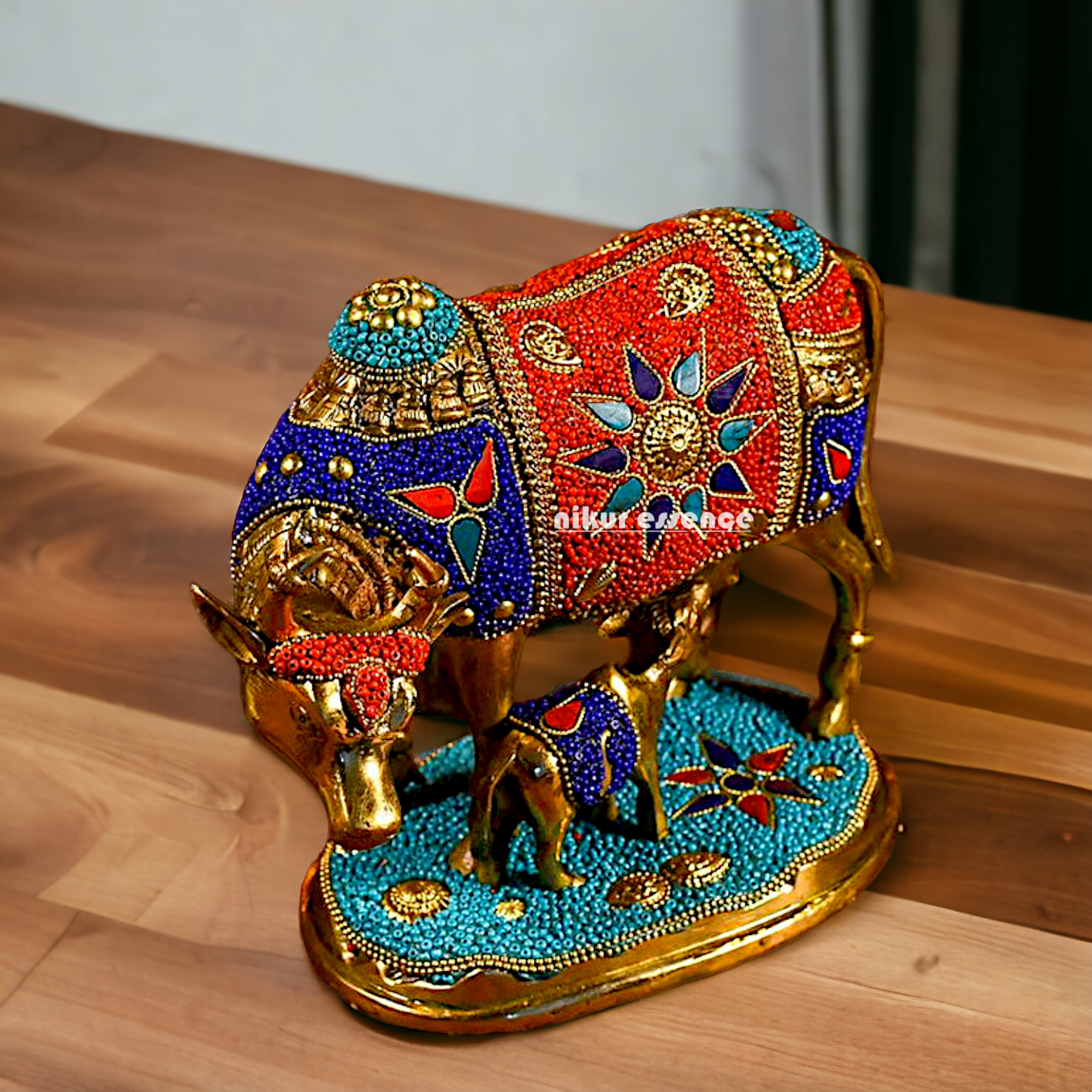 Buy Kamadhenu cow with calf Brass Stone work idol - 6 inches