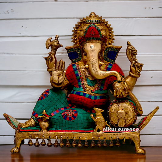 Brass Ganesha on Sofa with Stone Work idol - 19 inches