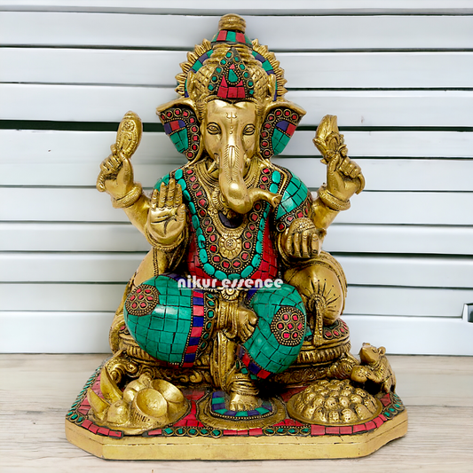 Brass Ganesh Ganpati Sitting with Stone Work idol - 12 inches