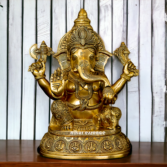 Pure Brass Ganesha Sitting with Blessing idol - 15 inches